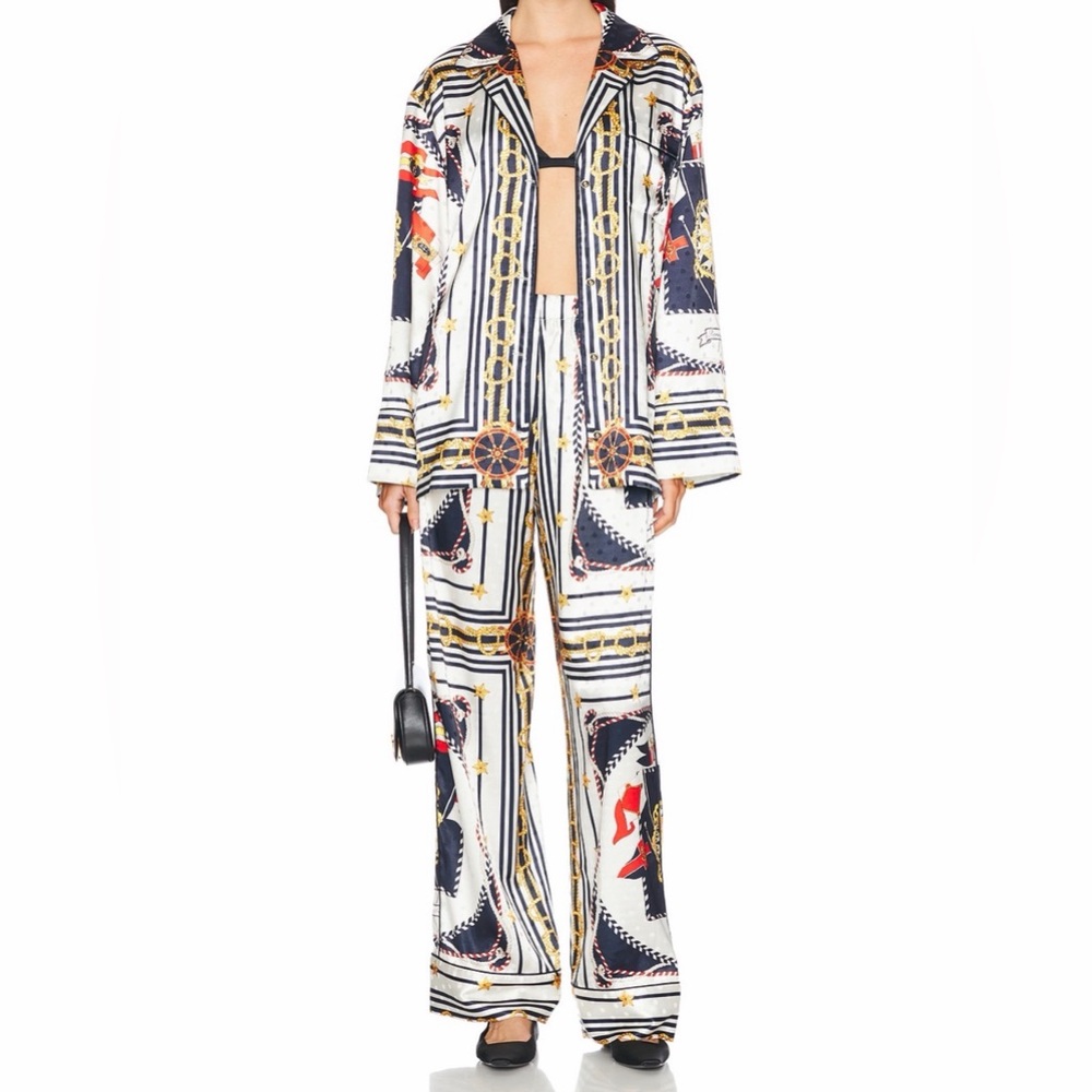 Ronny Kobo Collection Navy, White & Gold Printed Wide-Leg Trousers